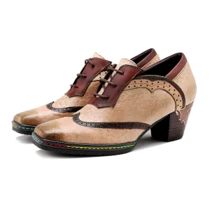 CrazycatZ Leather Pumps,Women Colorful Vintage Block Heel Oxford Vintage Shoes