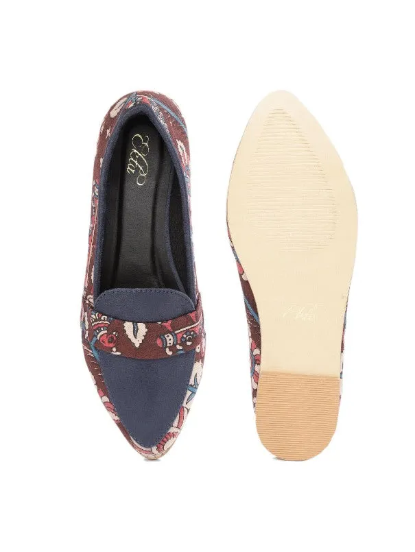 Maroon & Blue Suede Floral Block Printed Slip-on Loafers